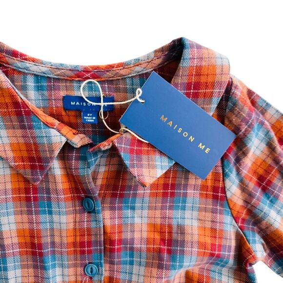 Maison Me Girls Plaid Flannel Dress SIze 8 NEW Red Orange Blue Collared - Picture 2 of 4